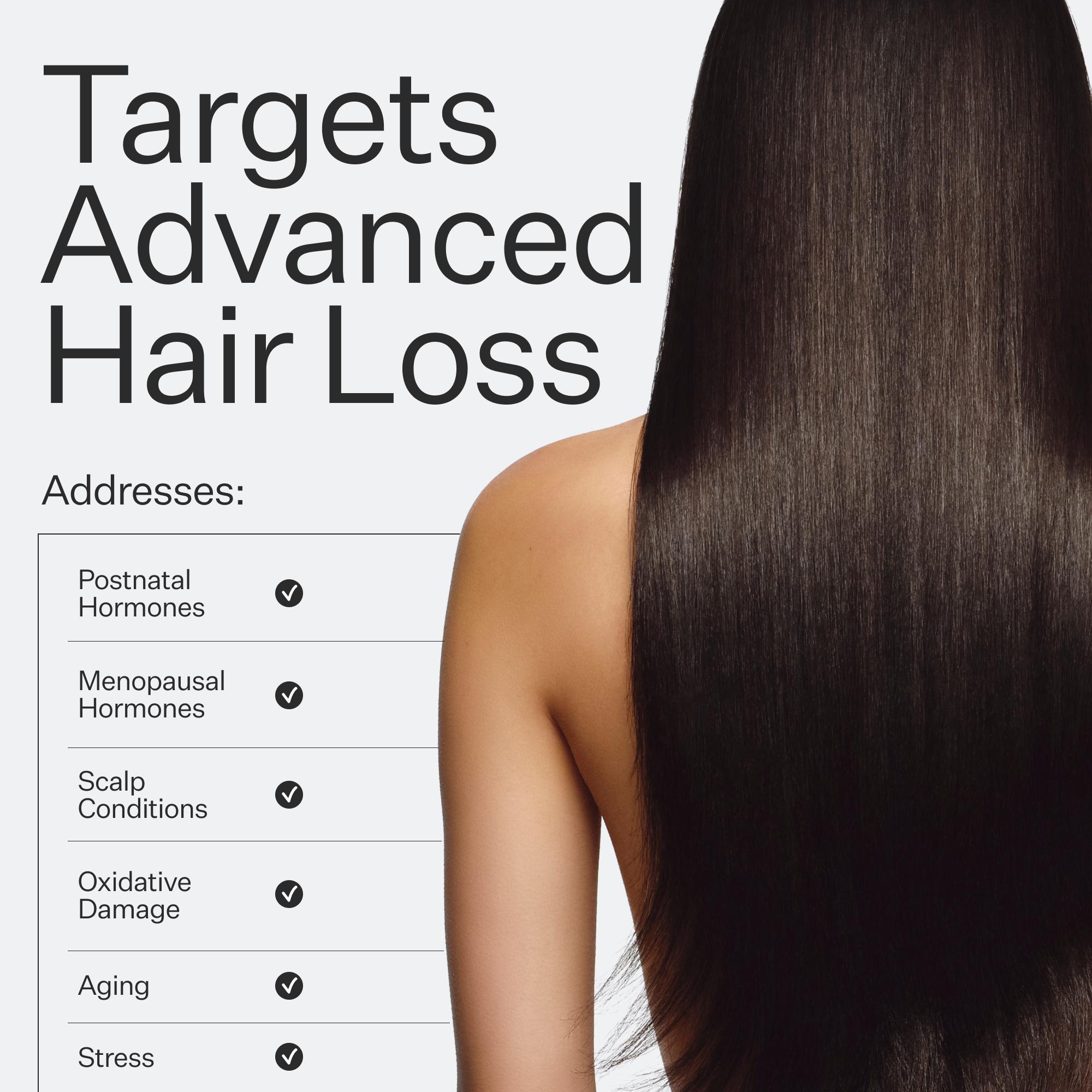 Woman with long hair on a white background with text about advanced hair loss solutions.