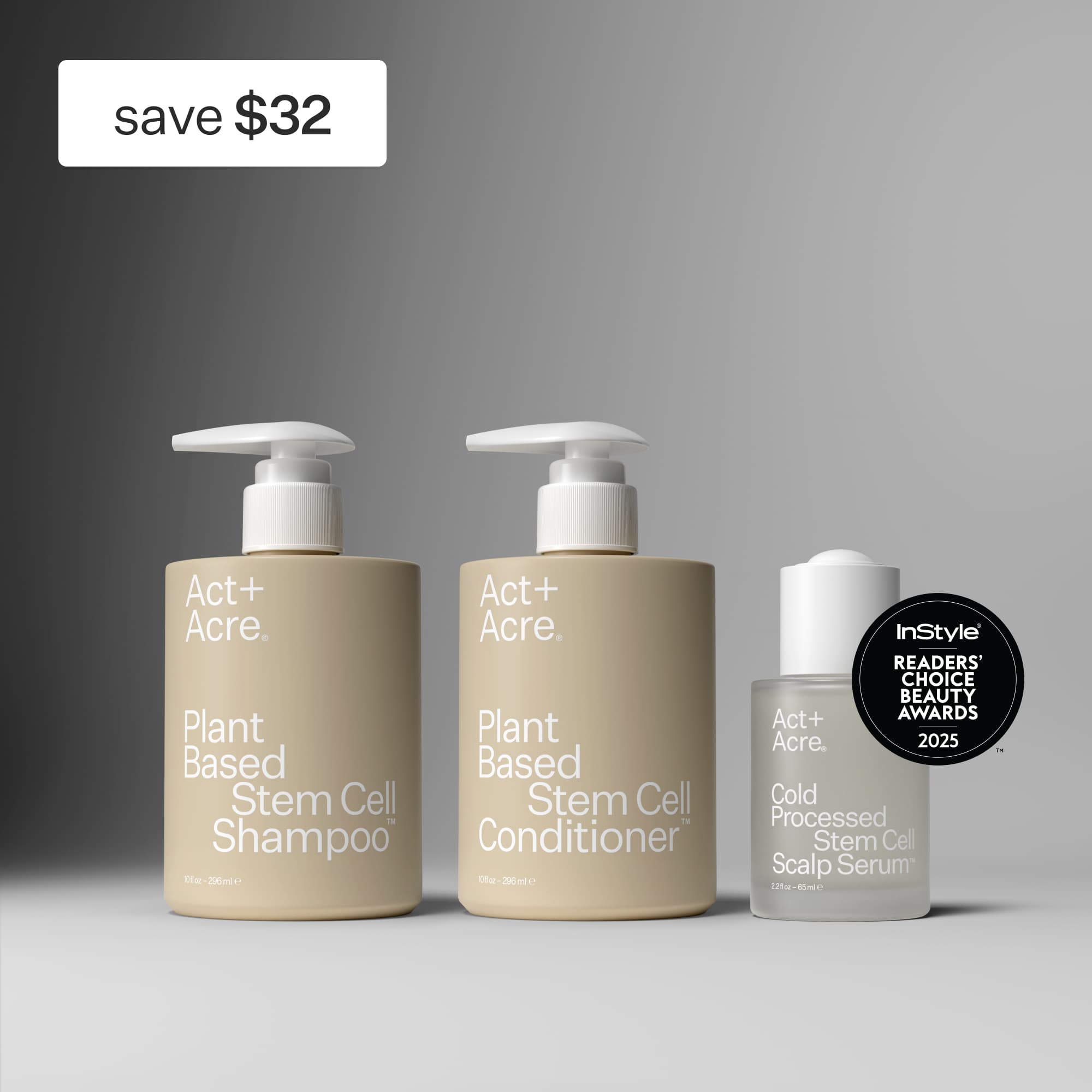 Three bottles of Act+Acre plant-based stem cell hair care products on a gray background with a 'save $32' label.