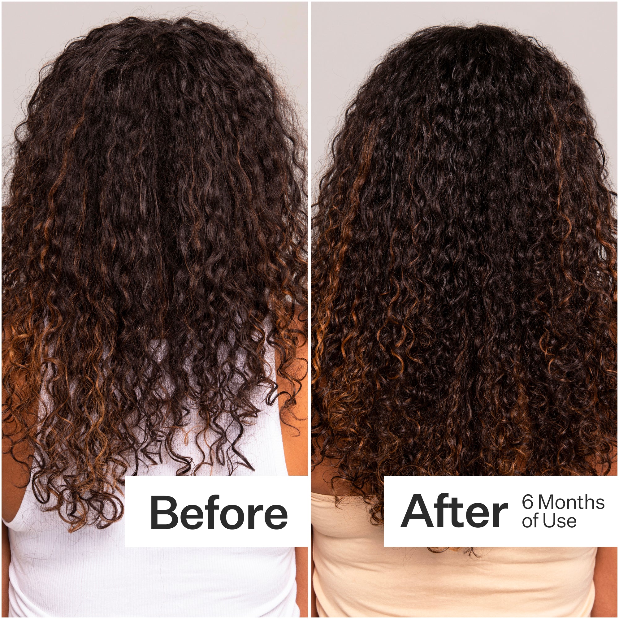 Side-by-side comparison of curly hair: left shows "Before" and right shows "After 6 Months of Use," highlighting improved texture and shine.