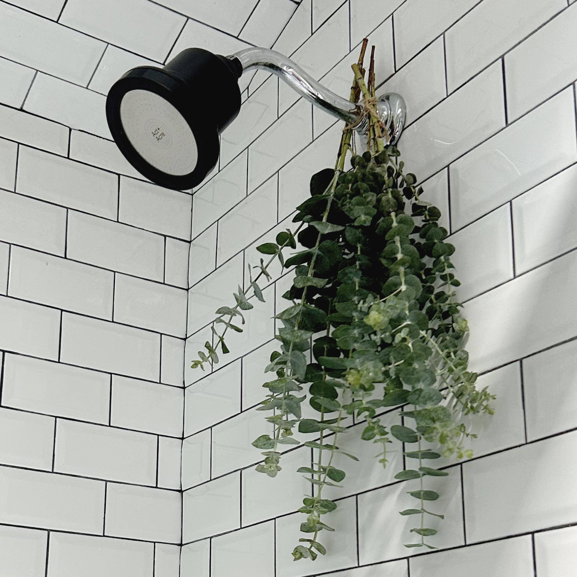 Act+Acre Showerhead Filter in a tiled shower