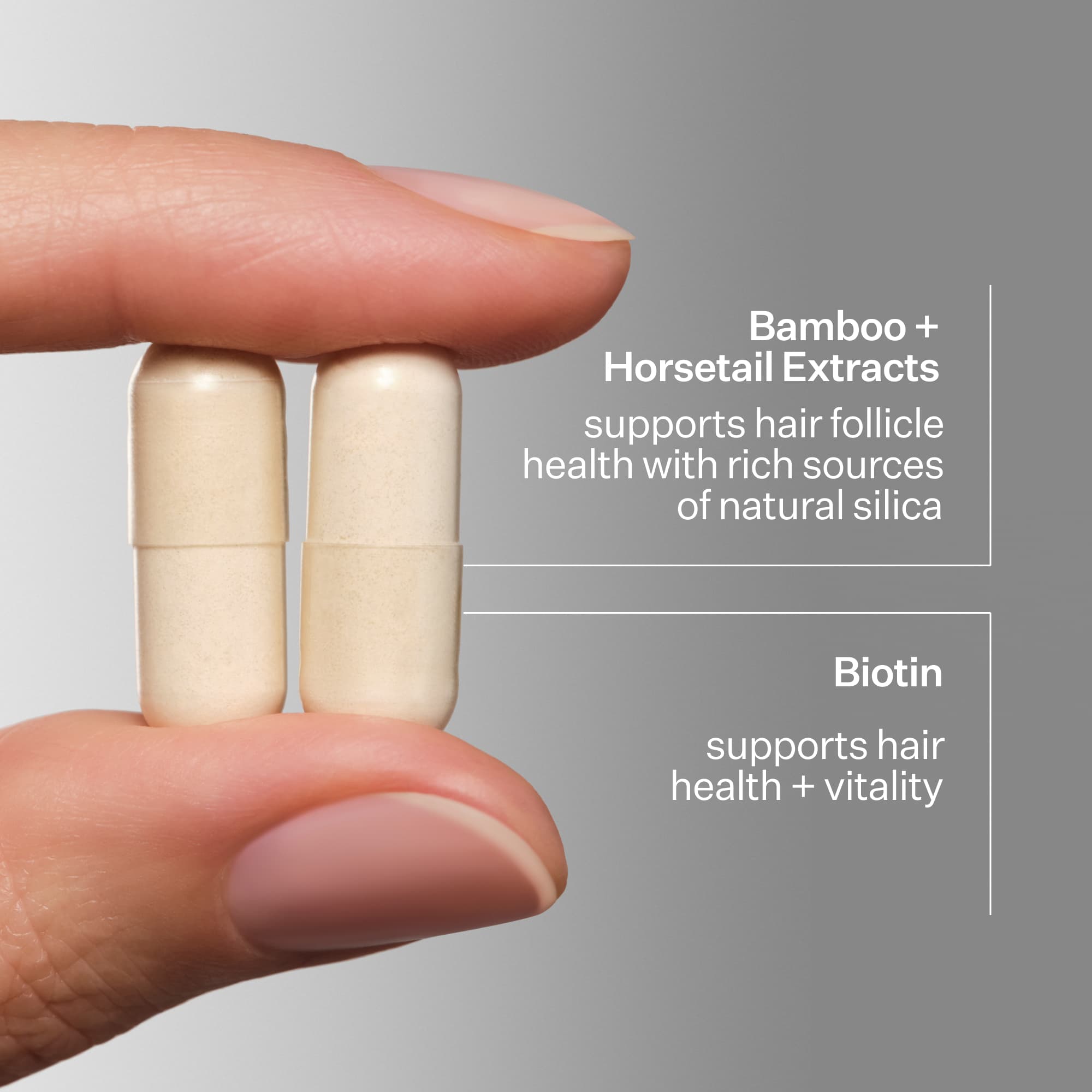 Infographic describing ingredients of Act+Acre Thick + Full Hair Capsules