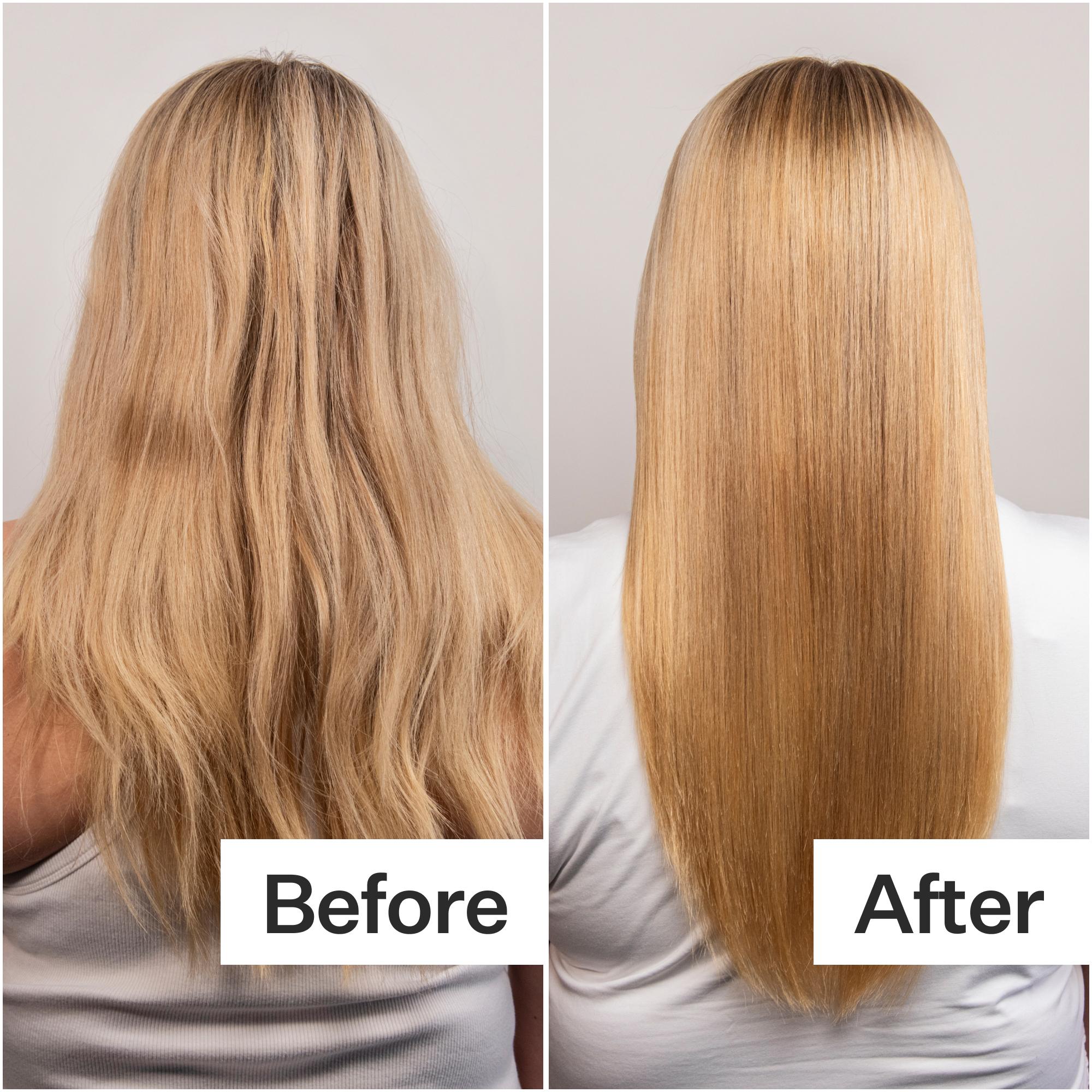 Before and after comparison of hair treatment on a person with blonde hair.
