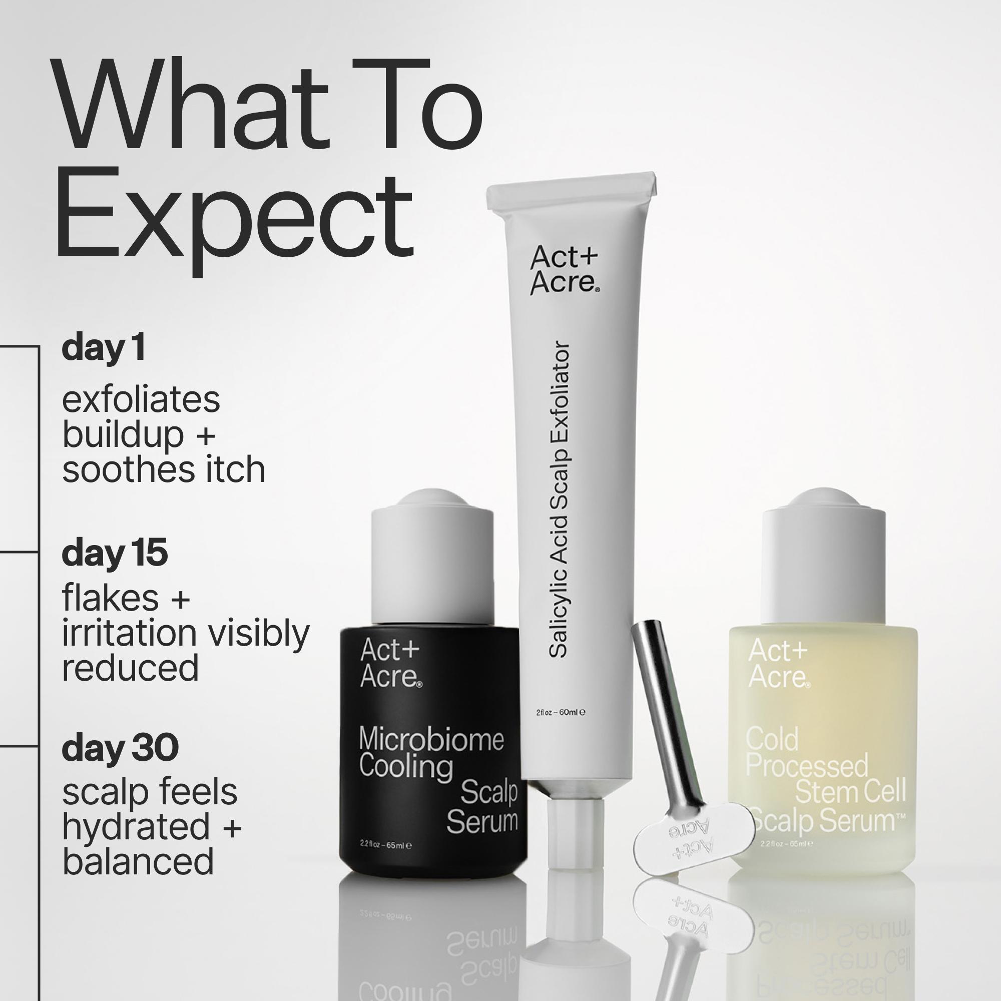 Act+Acre scalp care products with text on expected outcomes.